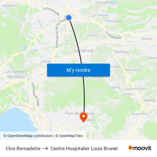 Clos Bernadette to Centre Hospitalier Louis Brunet map