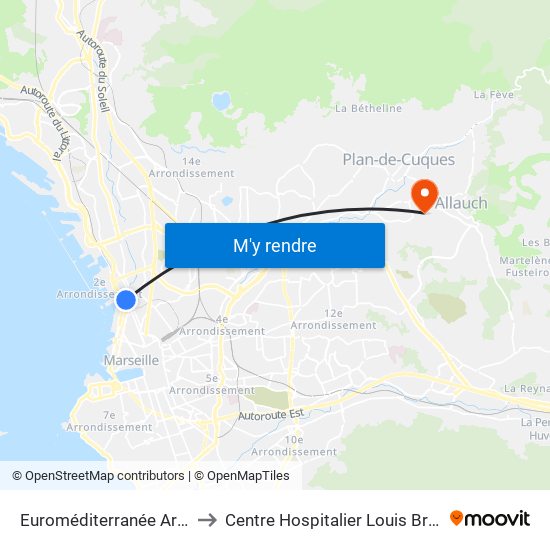 Euroméditerranée Arenc to Centre Hospitalier Louis Brunet map