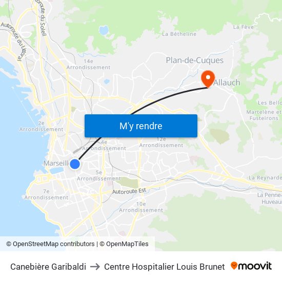 Canebière Garibaldi to Centre Hospitalier Louis Brunet map