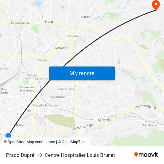 Prado Dupré to Centre Hospitalier Louis Brunet map