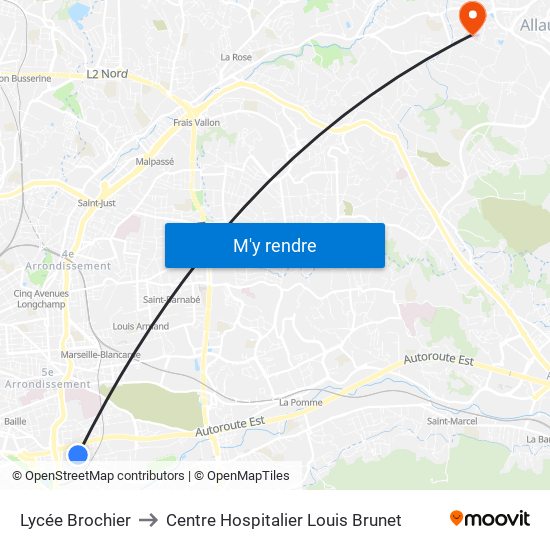 Lycée Brochier to Centre Hospitalier Louis Brunet map