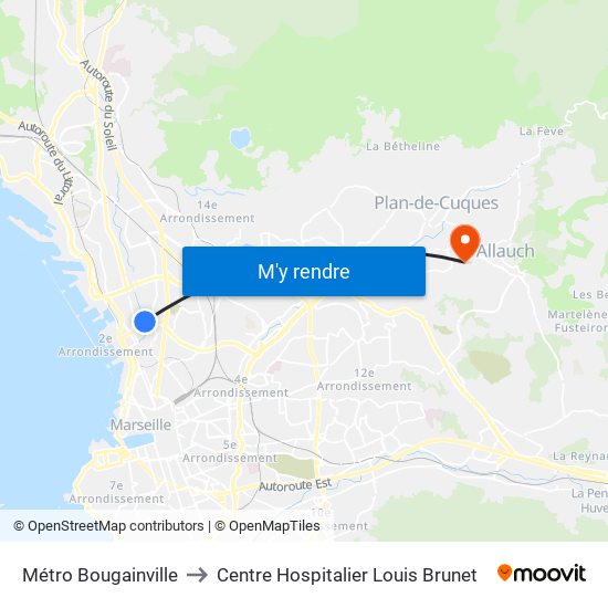 Métro Bougainville to Centre Hospitalier Louis Brunet map