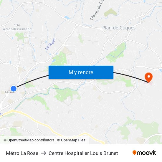 Métro La Rose to Centre Hospitalier Louis Brunet map