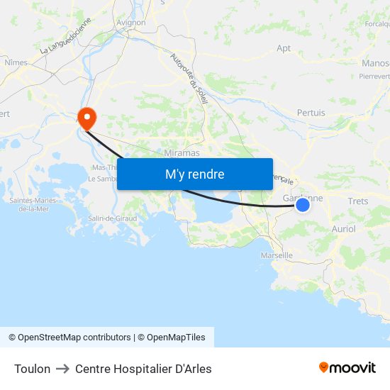 Toulon to Centre Hospitalier D'Arles map