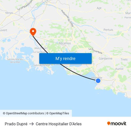 Prado Dupré to Centre Hospitalier D'Arles map