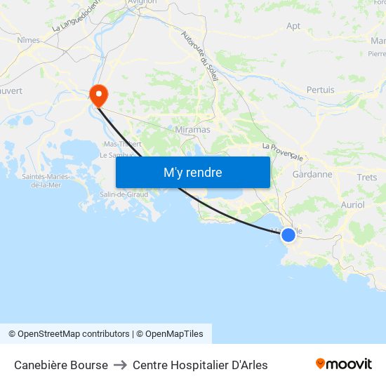 Canebière Bourse to Centre Hospitalier D'Arles map
