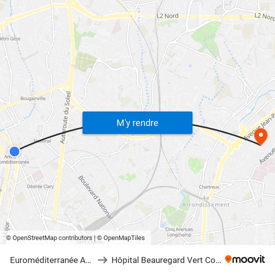 Euroméditerranée Arenc to Hôpital Beauregard Vert Coteau map