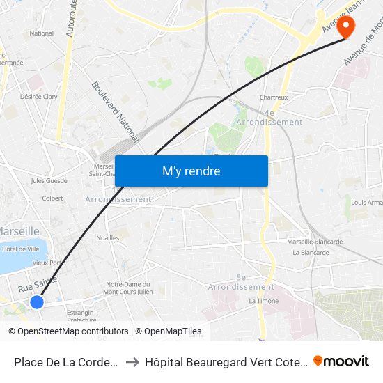 Place De La Corderie to Hôpital Beauregard Vert Coteau map