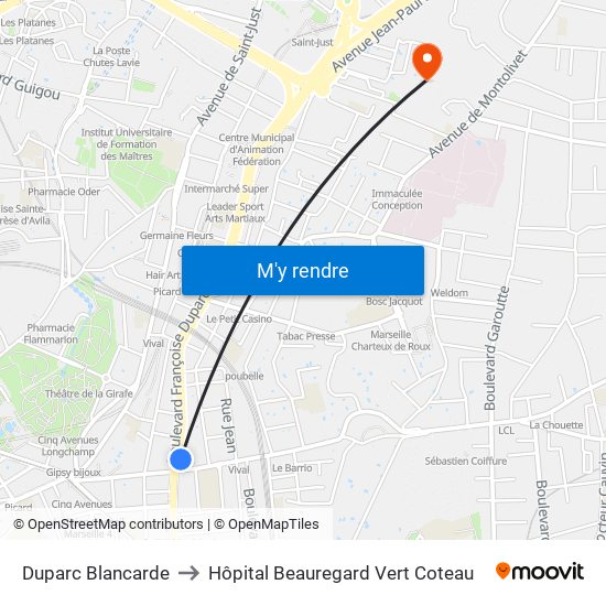 Duparc Blancarde to Hôpital Beauregard Vert Coteau map