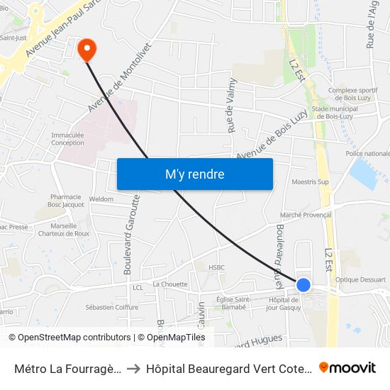 Métro La Fourragère to Hôpital Beauregard Vert Coteau map