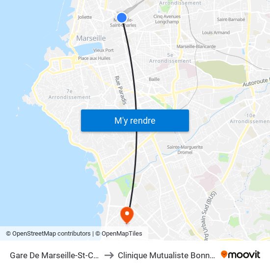 Gare De Marseille-St-Charles to Clinique Mutualiste Bonneveine map
