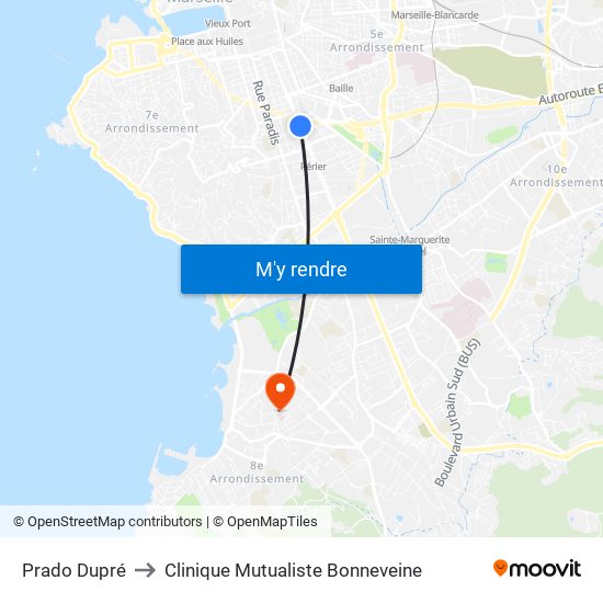 Prado Dupré to Clinique Mutualiste Bonneveine map