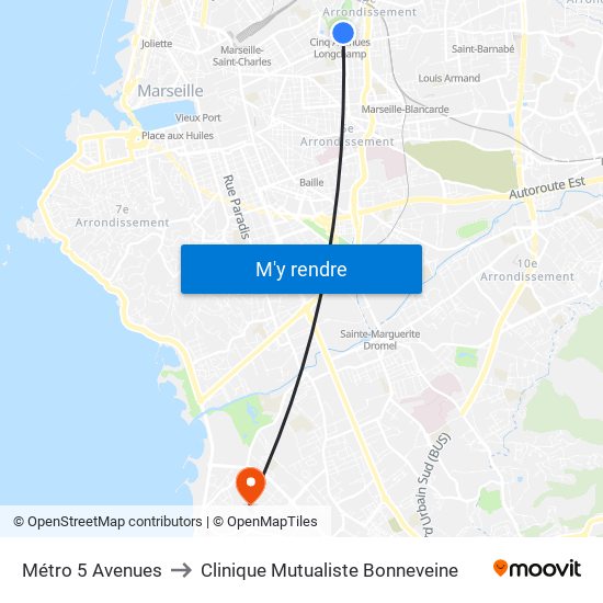 Métro 5 Avenues to Clinique Mutualiste Bonneveine map