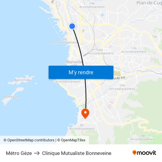Métro Gèze to Clinique Mutualiste Bonneveine map