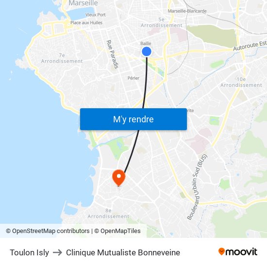 Toulon Isly to Clinique Mutualiste Bonneveine map