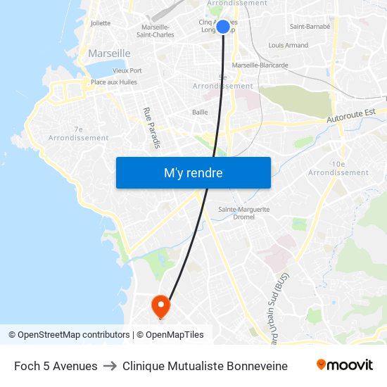 Foch 5 Avenues to Clinique Mutualiste Bonneveine map