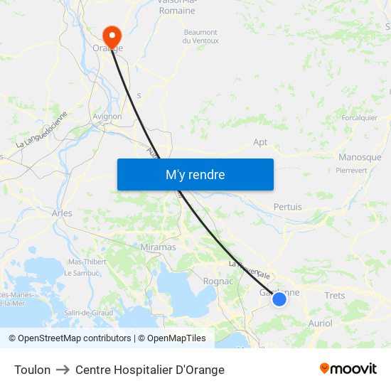 Toulon to Centre Hospitalier D'Orange map