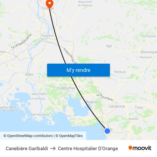 Canebière Garibaldi to Centre Hospitalier D'Orange map
