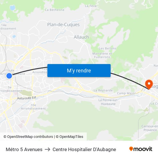 Métro 5 Avenues to Centre Hospitalier D'Aubagne map