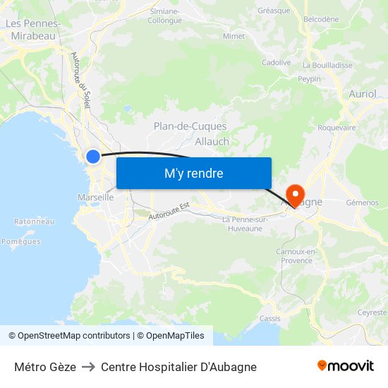 Métro Gèze to Centre Hospitalier D'Aubagne map