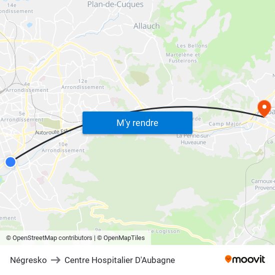Négresko to Centre Hospitalier D'Aubagne map