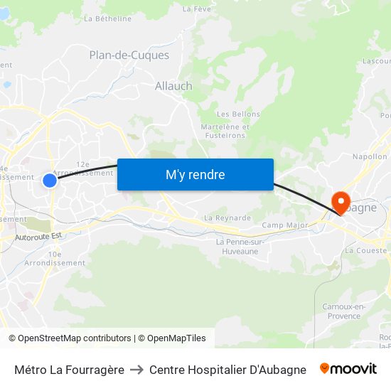 Métro La Fourragère to Centre Hospitalier D'Aubagne map