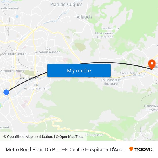 Métro Rond Point Du Prado to Centre Hospitalier D'Aubagne map