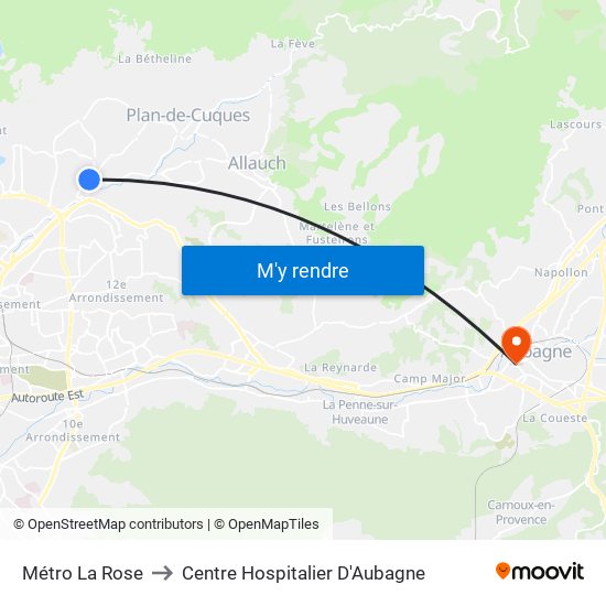 Métro La Rose to Centre Hospitalier D'Aubagne map