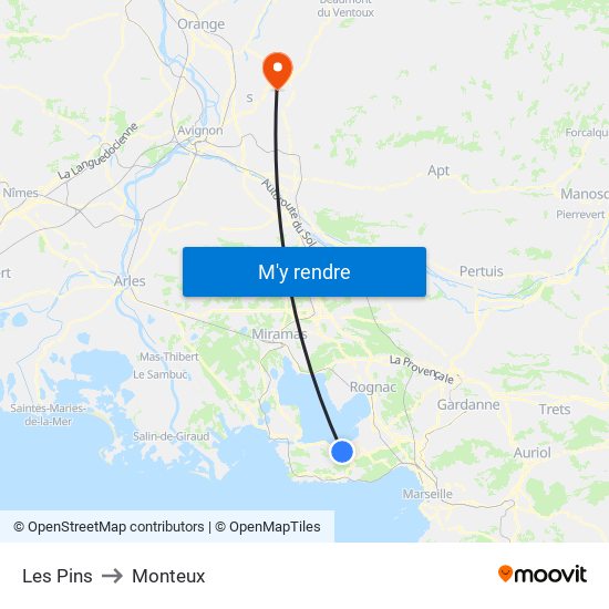 Les Pins to Monteux map