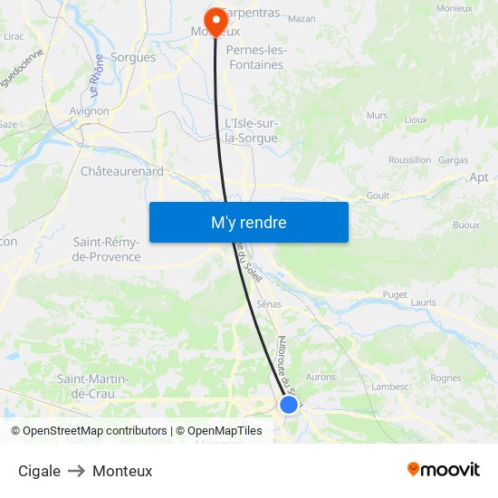 Cigale to Monteux map