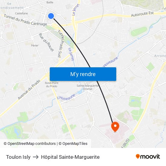 Toulon Isly to Hôpital Sainte-Marguerite map