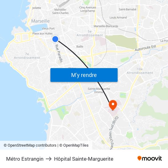 Métro Estrangin to Hôpital Sainte-Marguerite map