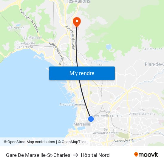 Gare De Marseille-St-Charles to Hôpital Nord map