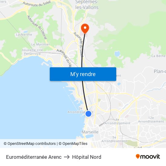 Euroméditerranée Arenc to Hôpital Nord map