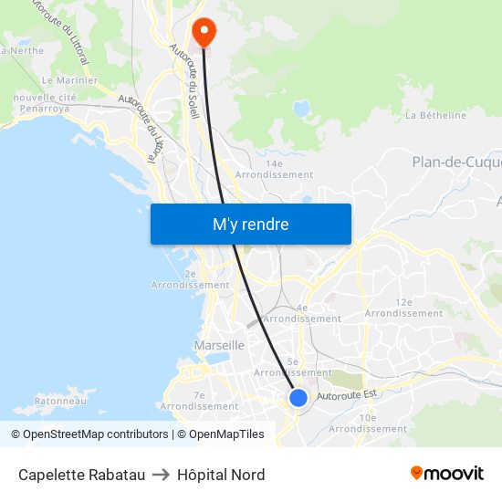 Capelette Rabatau to Hôpital Nord map