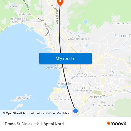 Prado St Giniez to Hôpital Nord map