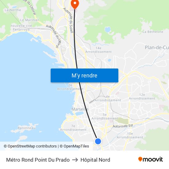 Métro Rond Point Du Prado to Hôpital Nord map