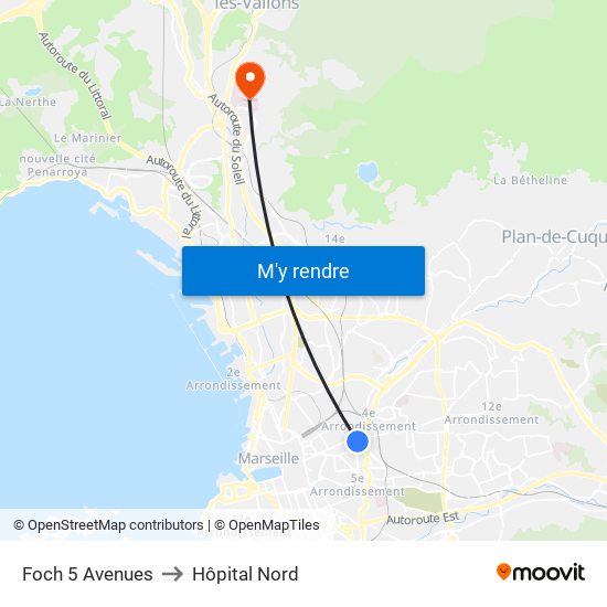 Foch 5 Avenues to Hôpital Nord map