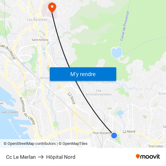 Cc Le Merlan to Hôpital Nord map