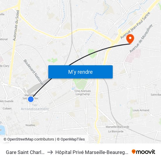 Gare Saint Charles to Hôpital Privé Marseille-Beauregard map
