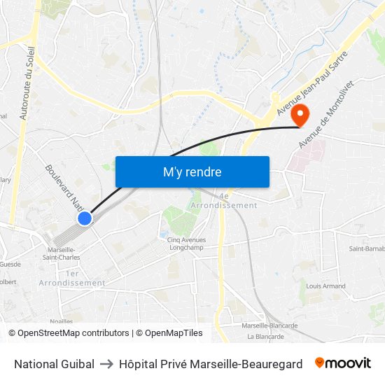 National Guibal to Hôpital Privé Marseille-Beauregard map