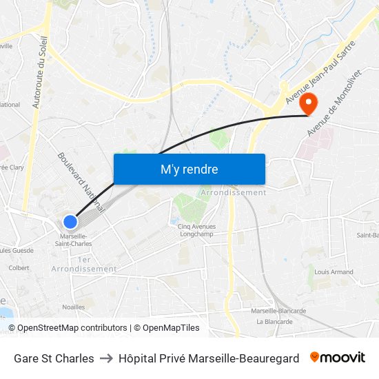 Gare St Charles to Hôpital Privé Marseille-Beauregard map