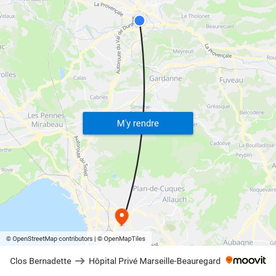 Clos Bernadette to Hôpital Privé Marseille-Beauregard map