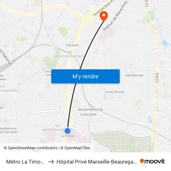 Métro La Timone to Hôpital Privé Marseille-Beauregard map