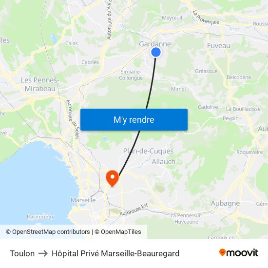 Toulon to Hôpital Privé Marseille-Beauregard map