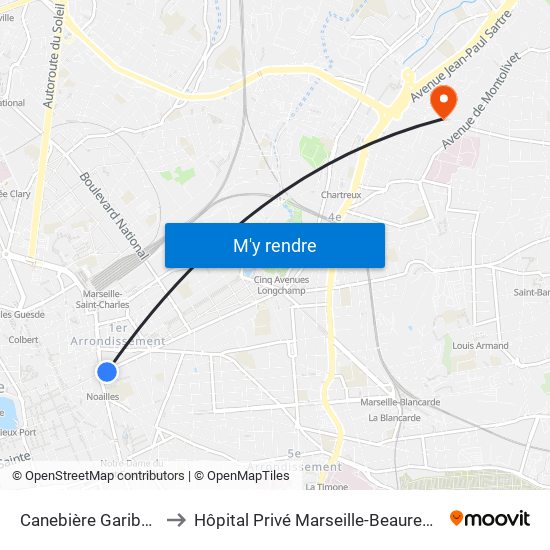 Canebière Garibaldi to Hôpital Privé Marseille-Beauregard map