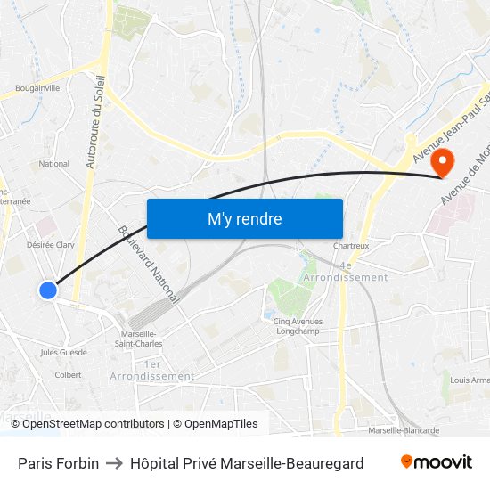 Paris Forbin to Hôpital Privé Marseille-Beauregard map