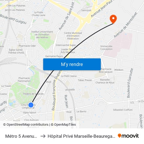 Métro 5 Avenues to Hôpital Privé Marseille-Beauregard map