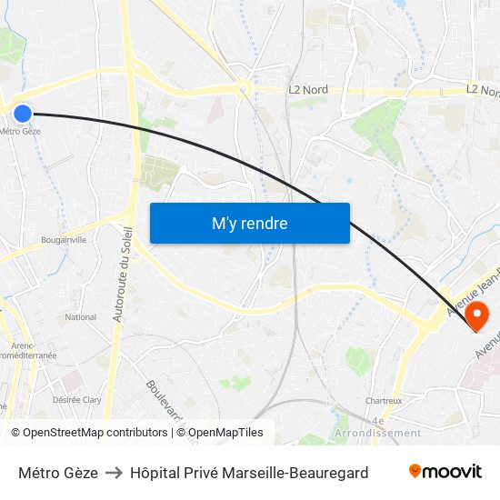 Métro Gèze to Hôpital Privé Marseille-Beauregard map