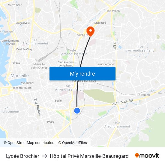 Lycée Brochier to Hôpital Privé Marseille-Beauregard map